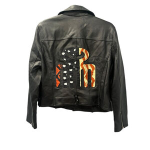 IN X OUT Vegan Leather Embroidered Black Jacket Women's Size Large Full Zip